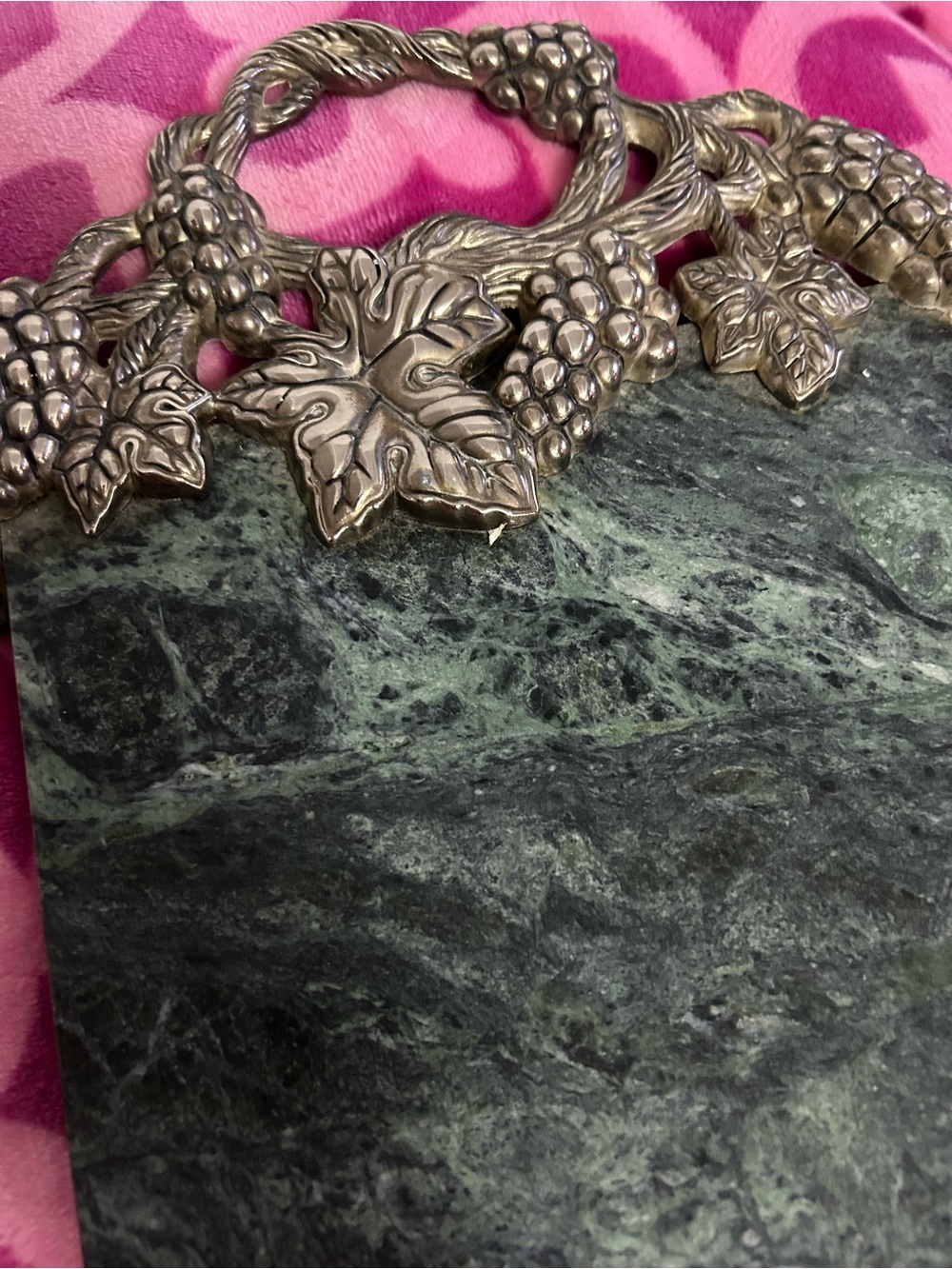 Source Unknown Green Marble Tray with Silver Grape Accent